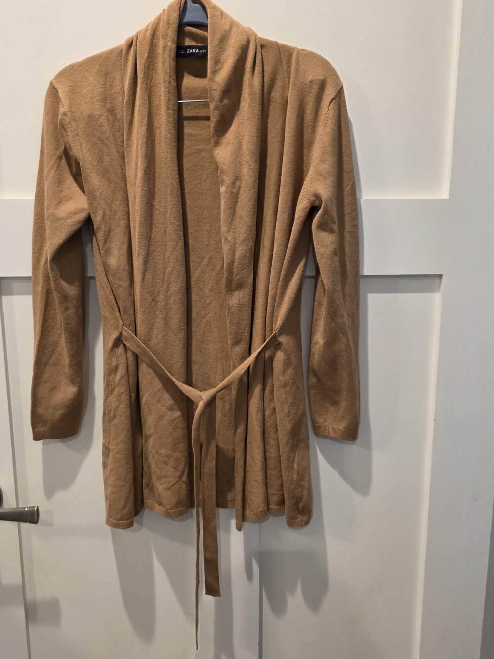 Zara Knit Women’s Small Camel Light Brown Knit Cardigan Long Belted Open Front